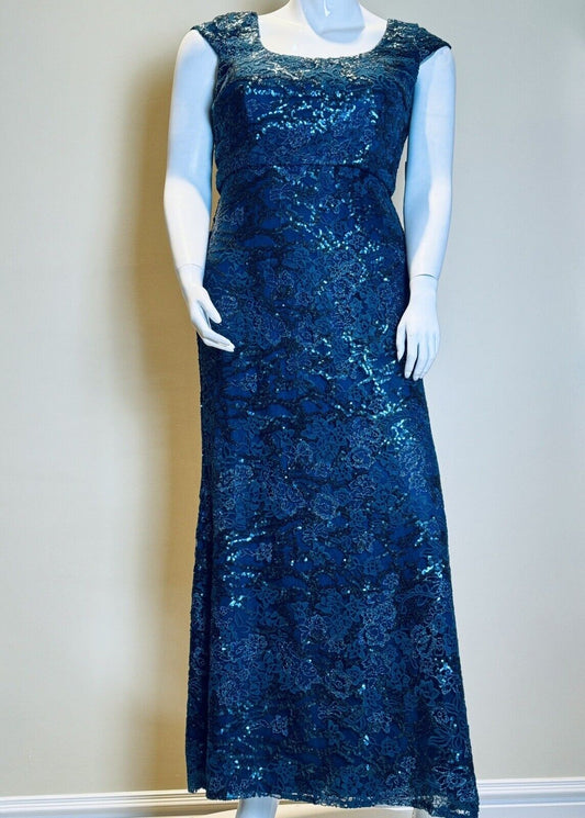 ALEX EVENINGS Size 14P  Long Dress Blue Sequin Embroidery Sleeveless