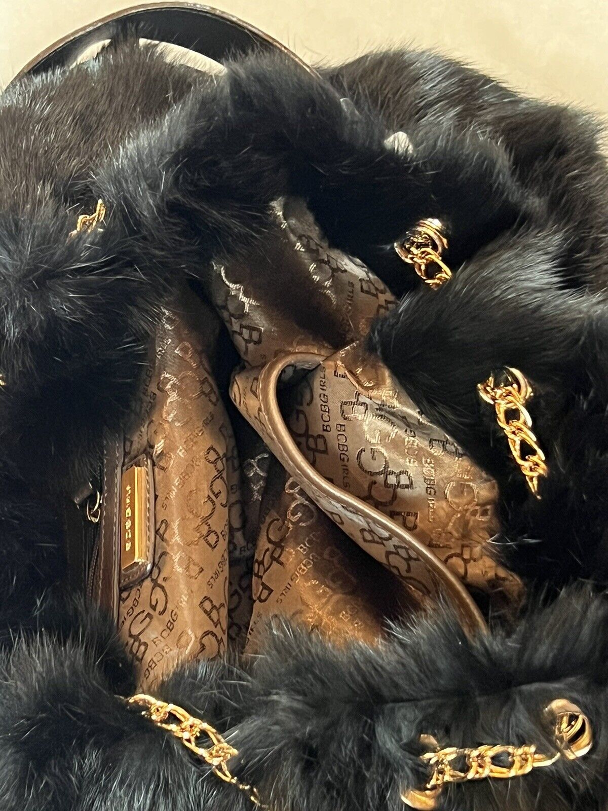 BCBGirls Women’s Handbag Purse  Black Faux Fur Fuzzy,Gold Chain