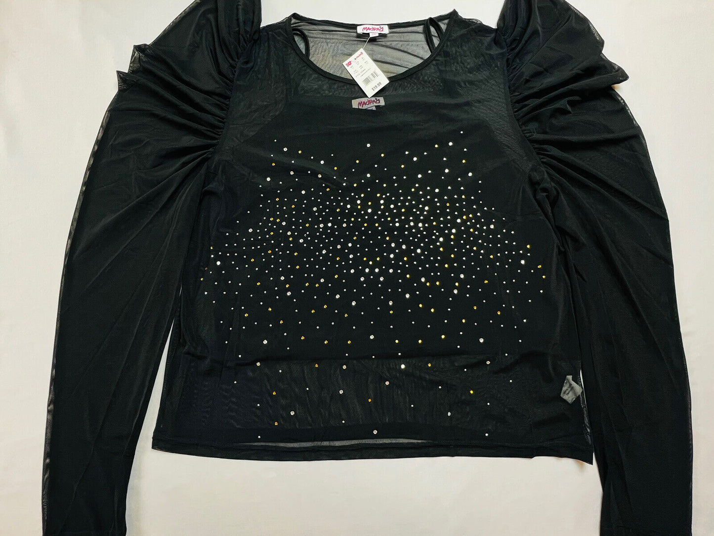 MadRag Women's Mesh Long Sleeve Blouse Black Size 2X w/Crystals