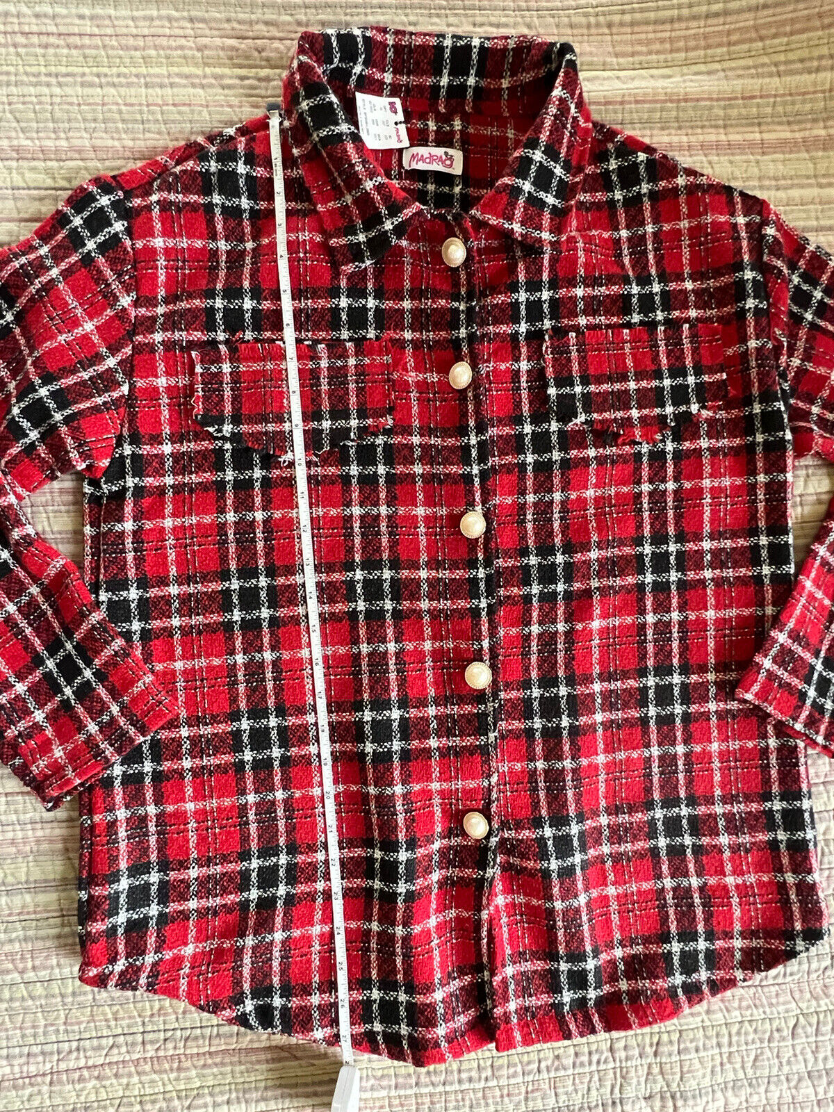 MadRag Women’s Red Plaid Jacket Blazer Coat Sz M Pearls Bottom