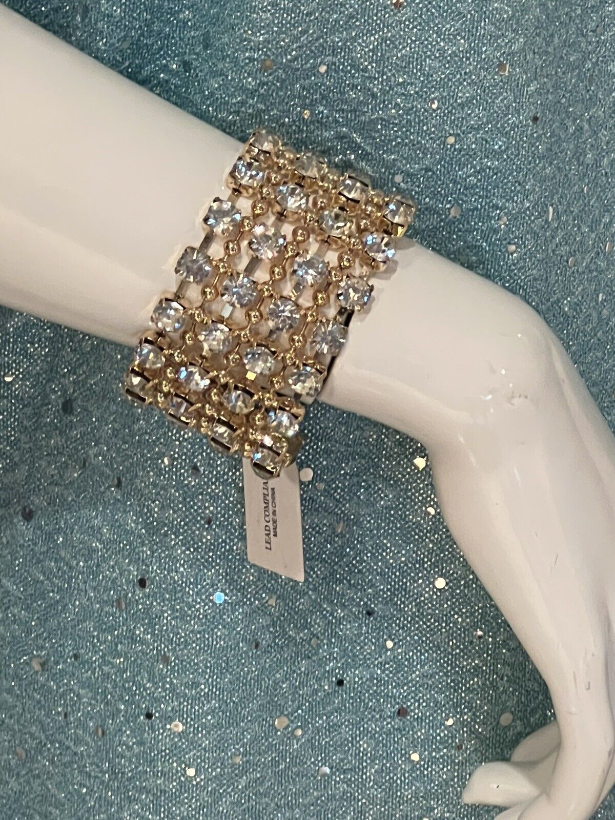 Natasha Rhinestones Large Wide Gold Tone Hinged Cuff Bracelet