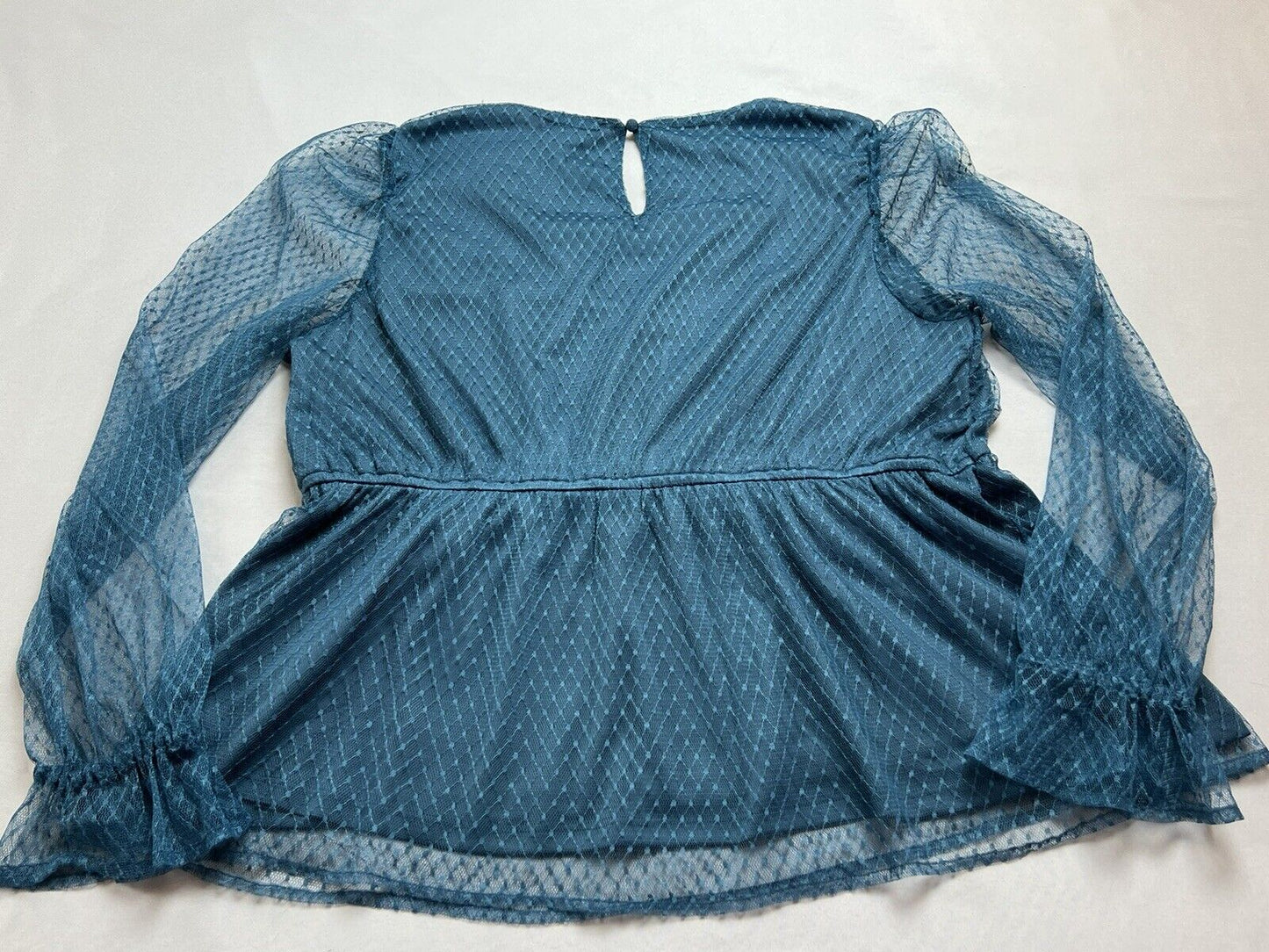 CALLIGRAPHIE Women’s Blue Mesh Lace Overlay Empire Waist Blouse Top Sz L