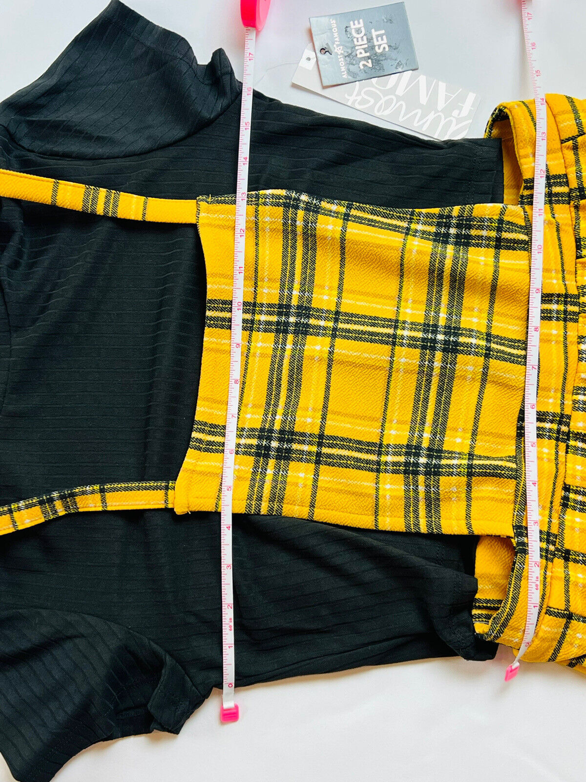 Almost famous Yellow Plaid 2 Pc Dress Black Top Set Size XL