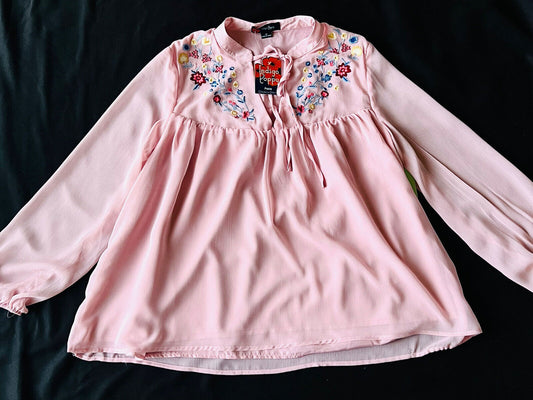 Indigo Poppy Women’s Pink Blouse Long Sleeve Embroidered Top Sz SP