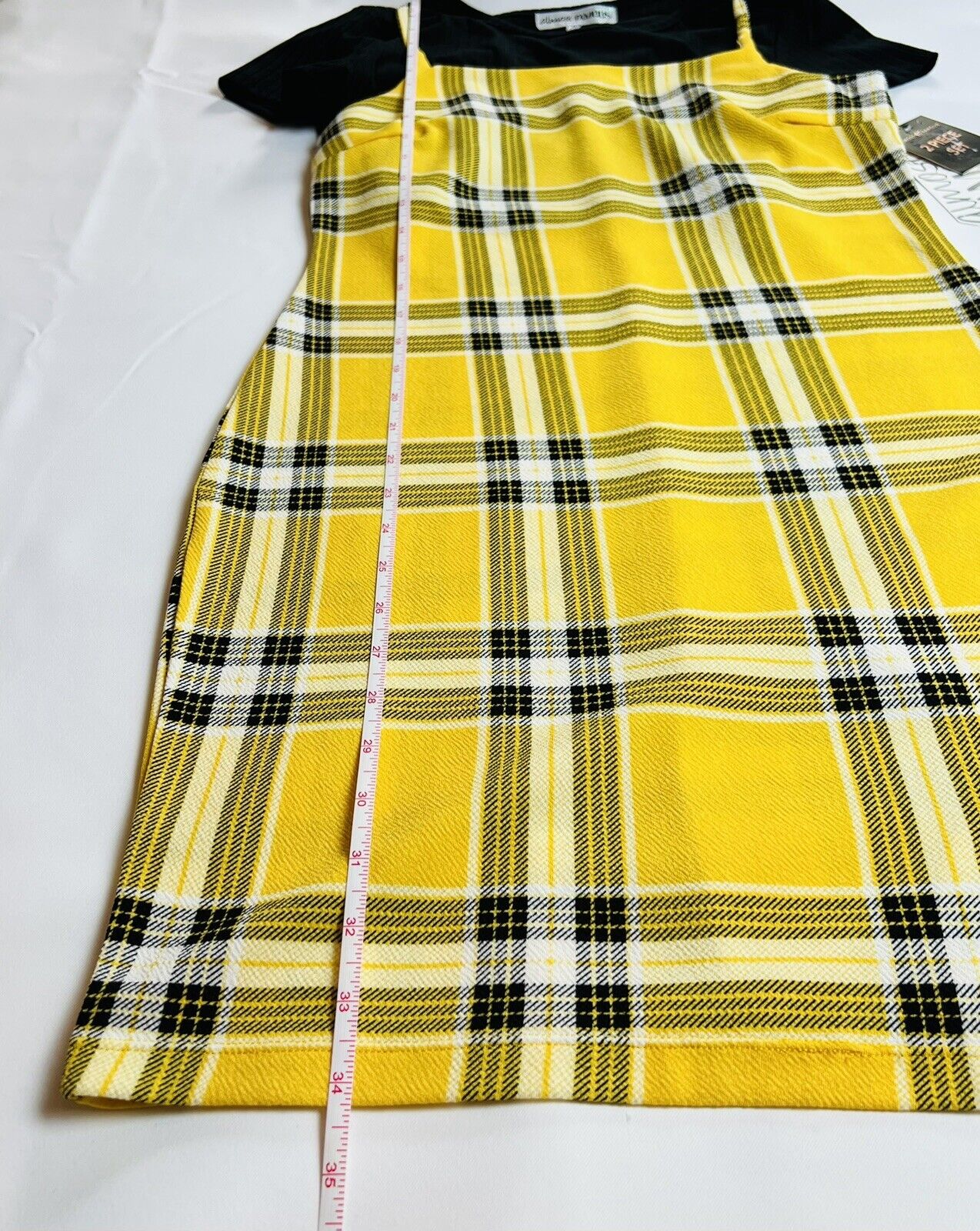 Almost famous Yellow Plaid 2 Pc Dress Black Top Set Size XL