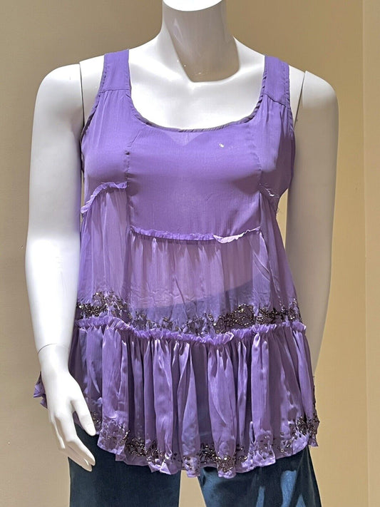 Cute Options Women’s Sheer Beaded Sleeveless Blouse Sz M Purple Top