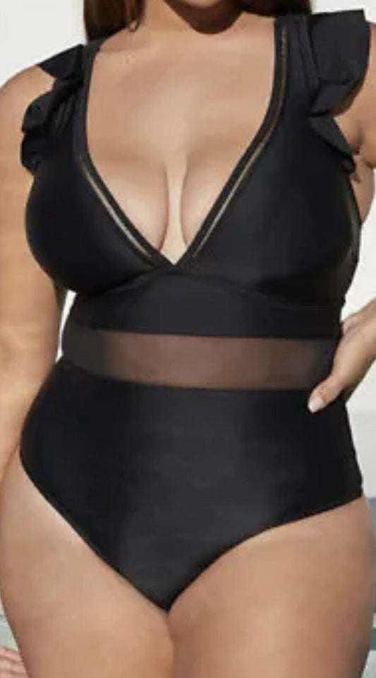 CUPSHE Black Mesh Panel Ruffle One Piece Swimsuit Bathing Suit NWT Sz 2X (6)