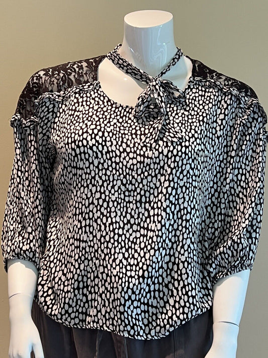 Adrienne Vittadini Women's Black White Short Sleeve Tie Neck Blouse Sz XL