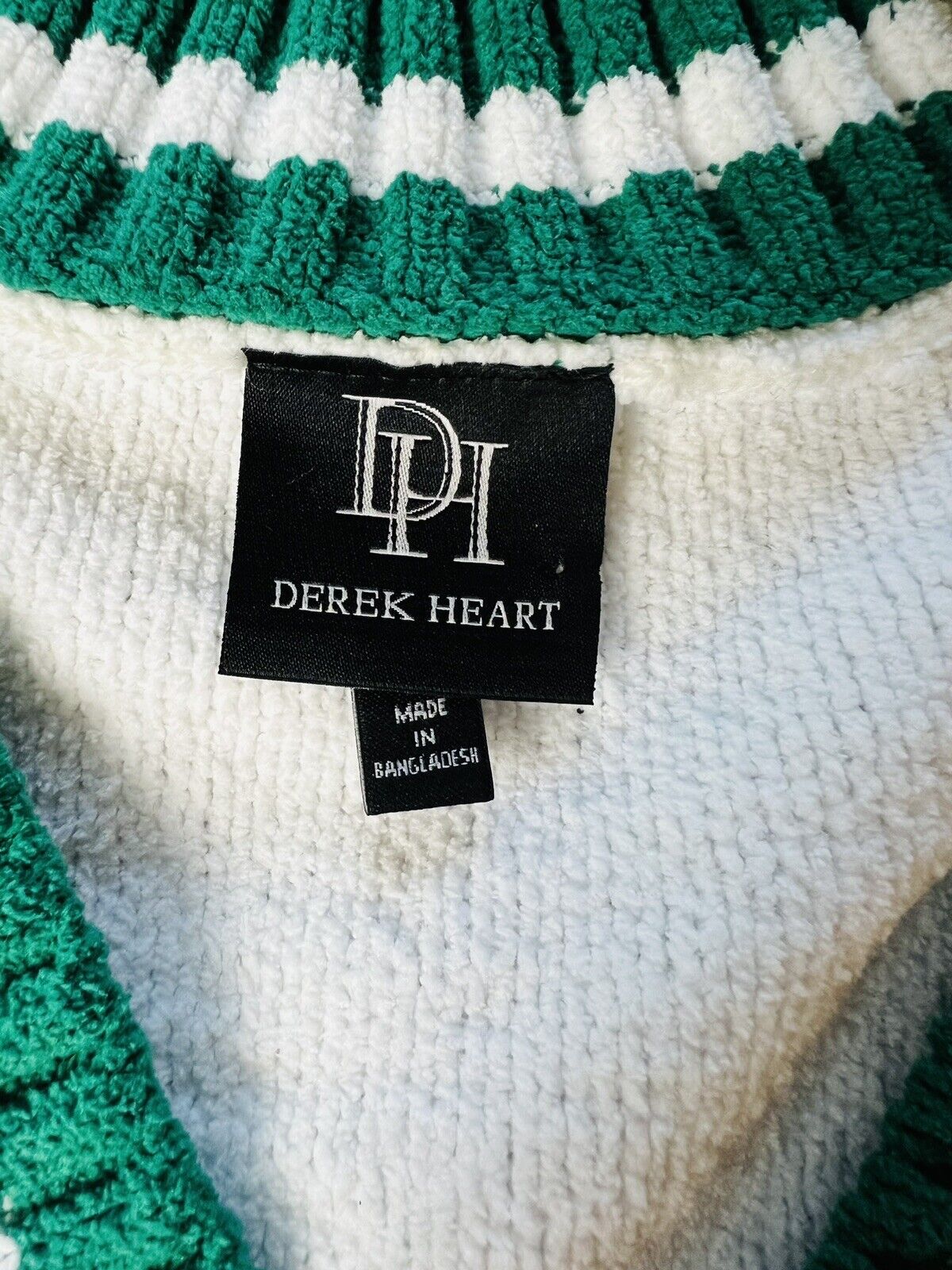 Derek Heart Women's Sweater Dress Sz M White w Green Striped V Neck Stretch