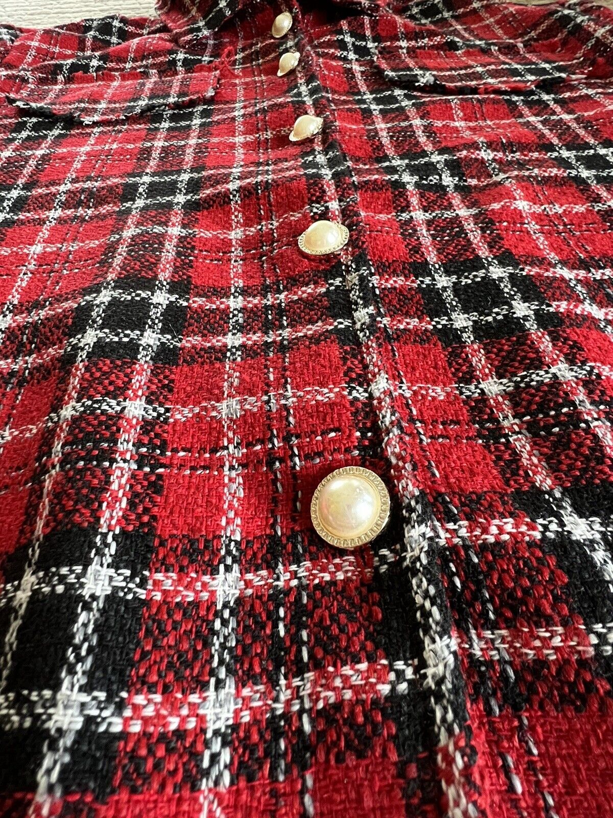 MadRag Women’s Red Plaid Jacket Blazer Coat Sz M Pearls Bottom