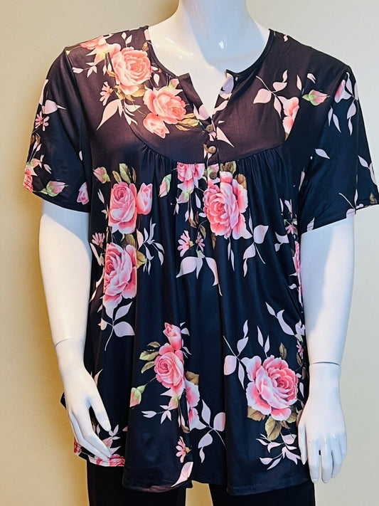 ALLEGRACE Short Sleeve Blouse Sz 4XL Navy w Pink Floral