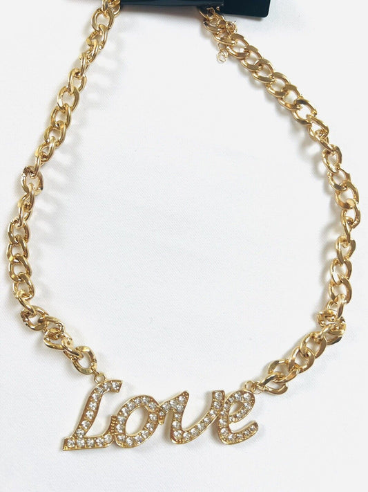 MadRag Jewelry Womens Love Word Rhinestones Pendant Necklace Chain Gold Tone