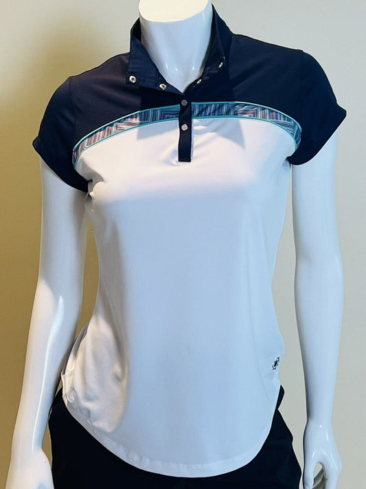 Kate Lord Women’s Size S Short Sleeve Polo Golf Shirt White w/Navy