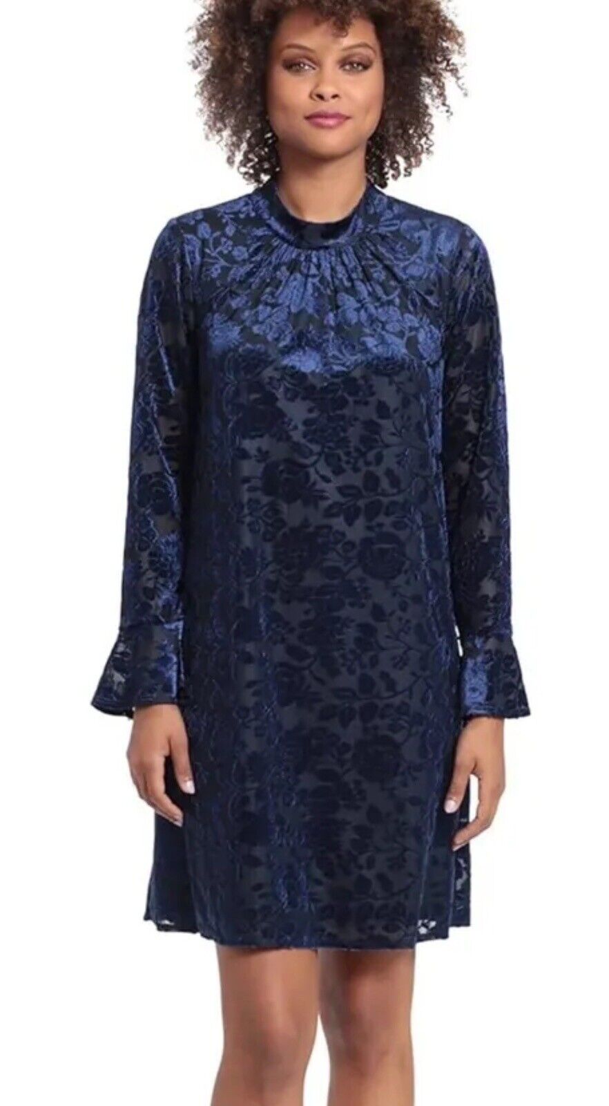 London Times Women's Blue&Black Long Sleeve Mock Neck Trapeze Dress Sz 8.  (67)