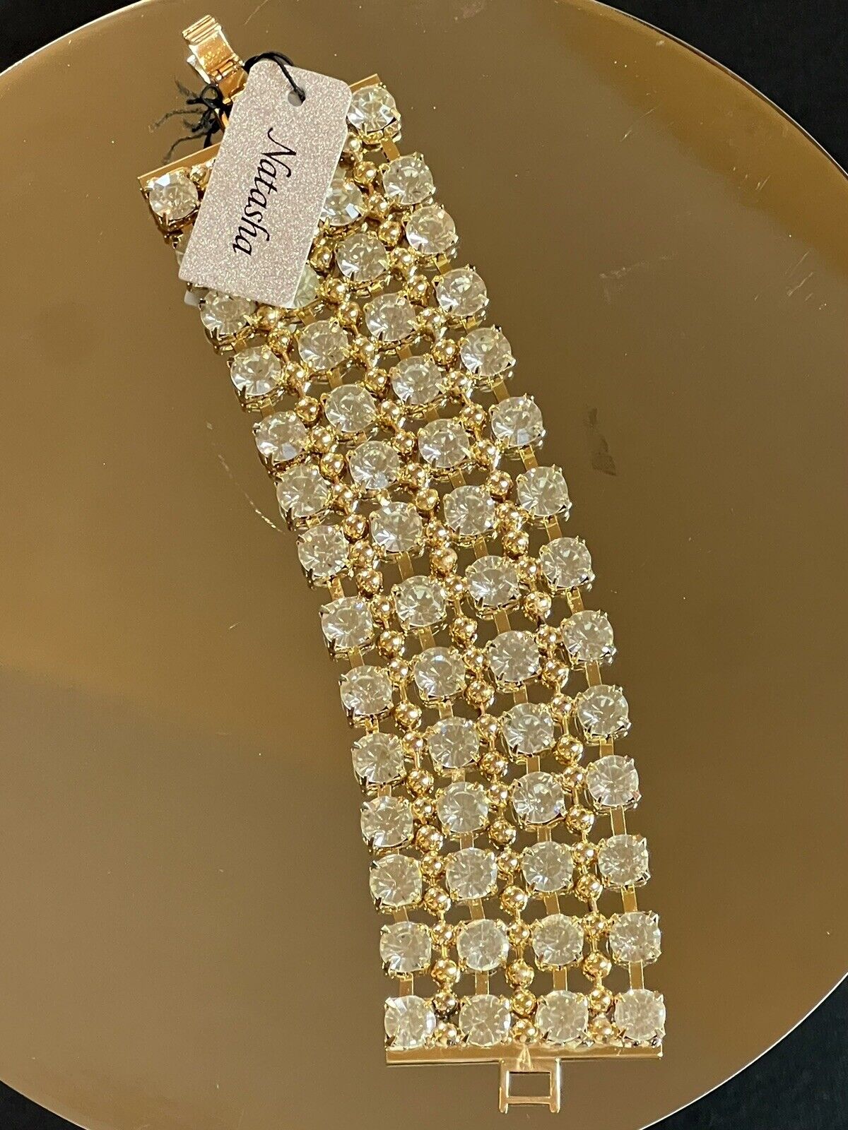 Natasha Rhinestones Large Wide Gold Tone Hinged Cuff Bracelet