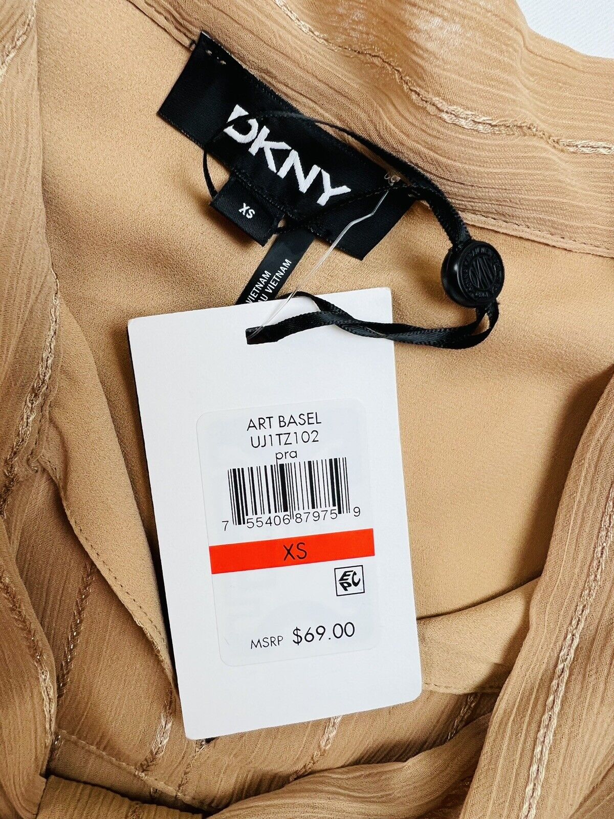 DKNY Women's Tan Top Shiny Tie-Neck Blouse Sz XS