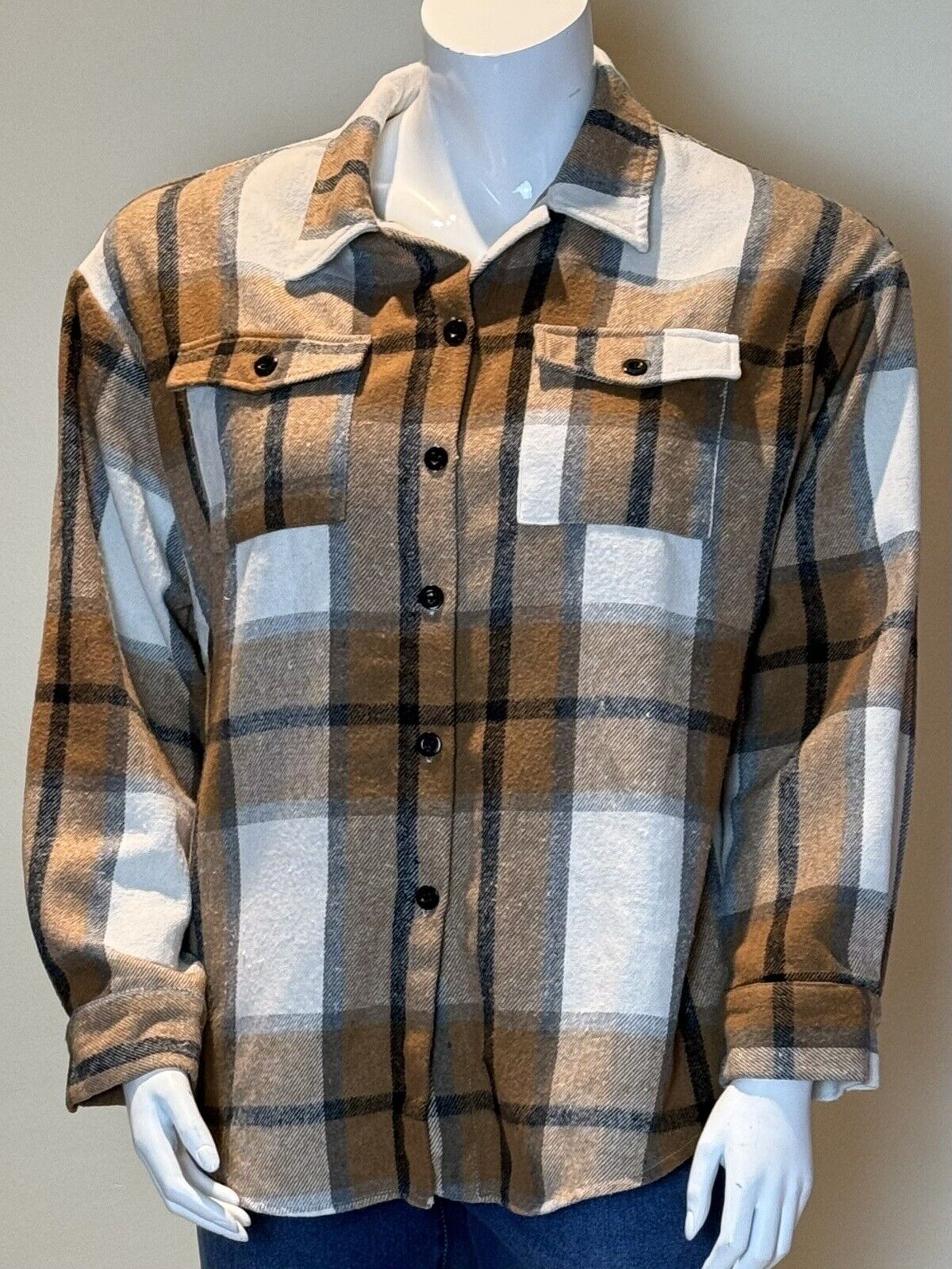 AUTOMET Womens Casual Plaid Shacket Button Down Long Sleeve Shirt Sz L.     (60)