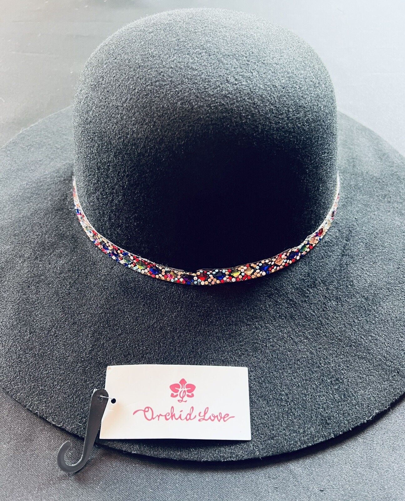 ORCHID LOVE Wide Brim Hat Women’s Rhinestones Decor Floppy Cap Black