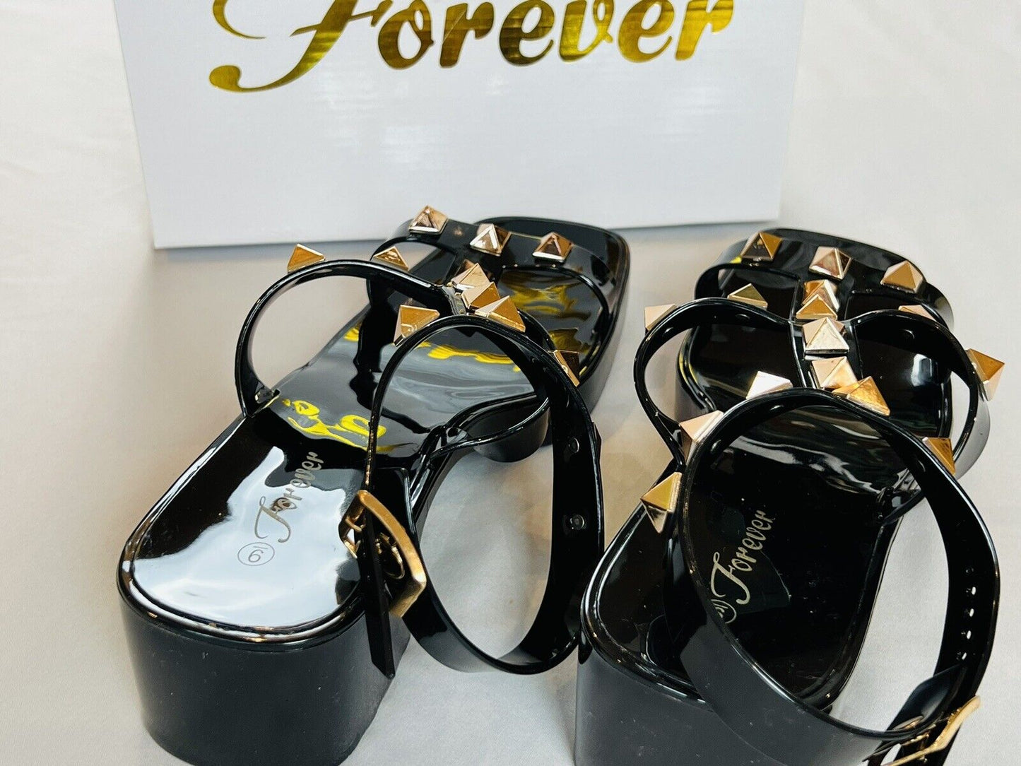 Forever Sandals Black and gold studded Sz 9 hook and loop closure