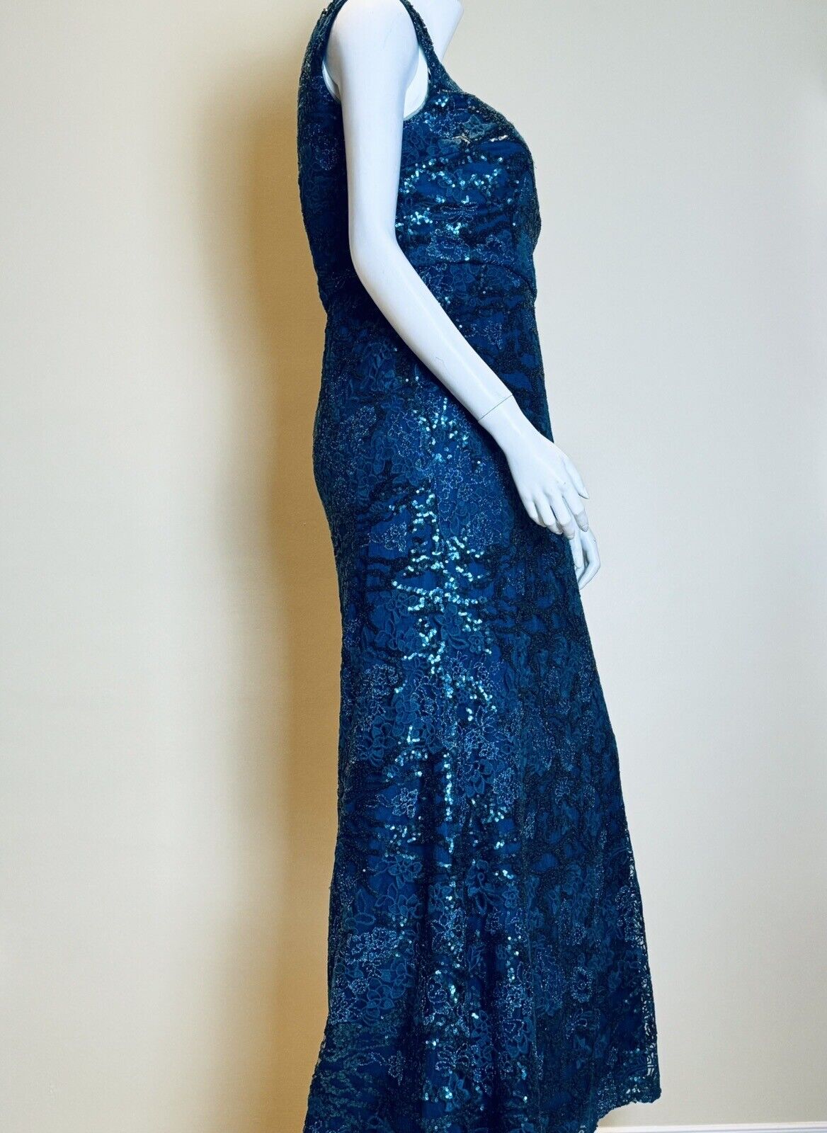 ALEX EVENINGS Size 14P  Long Dress Blue Sequin Embroidery Sleeveless