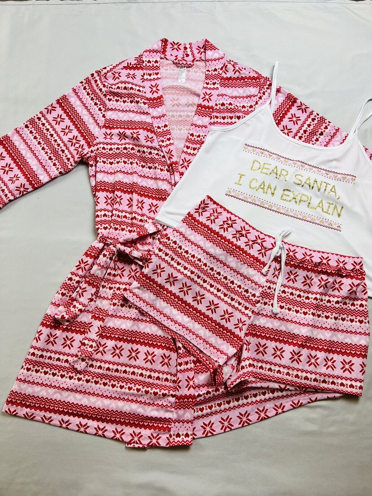 FRENCH AFFAIR Wom 3 pc Red White Christmas pajama shorts tank and robe Set Sz L