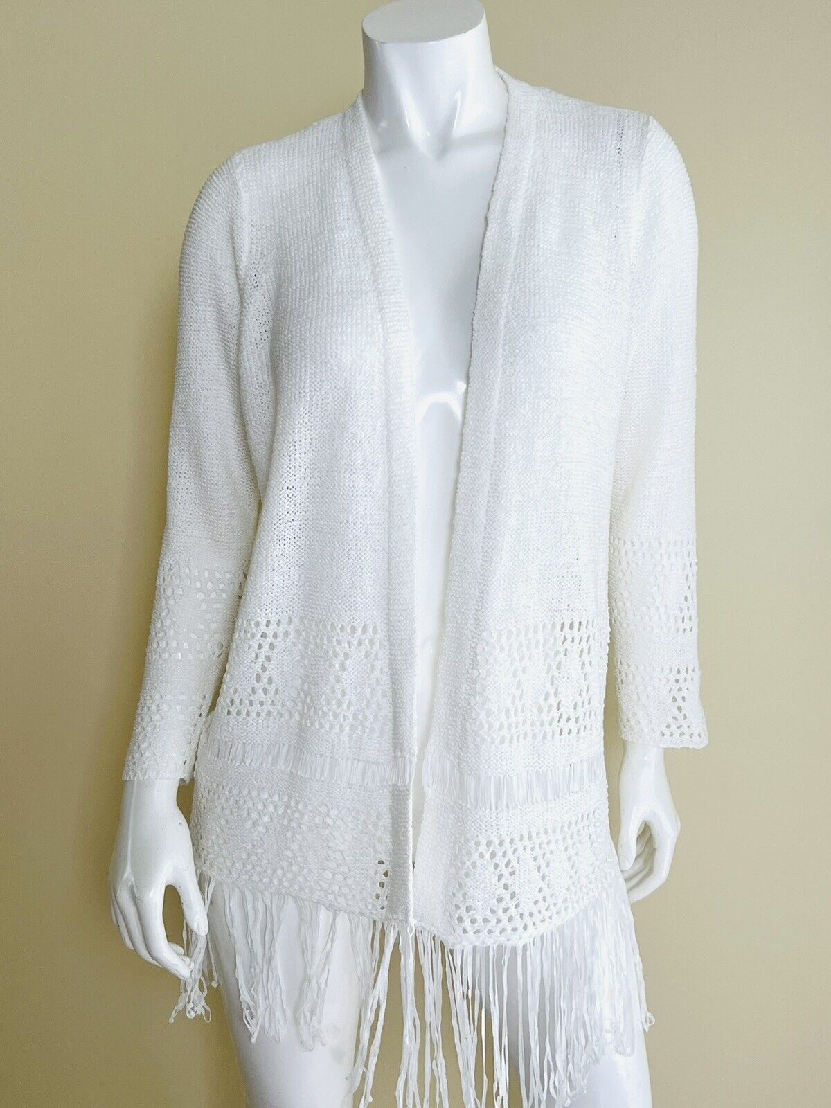 Michael Kors White Crochet Fringe Open Front Cardigan Women’s Sz S (5)