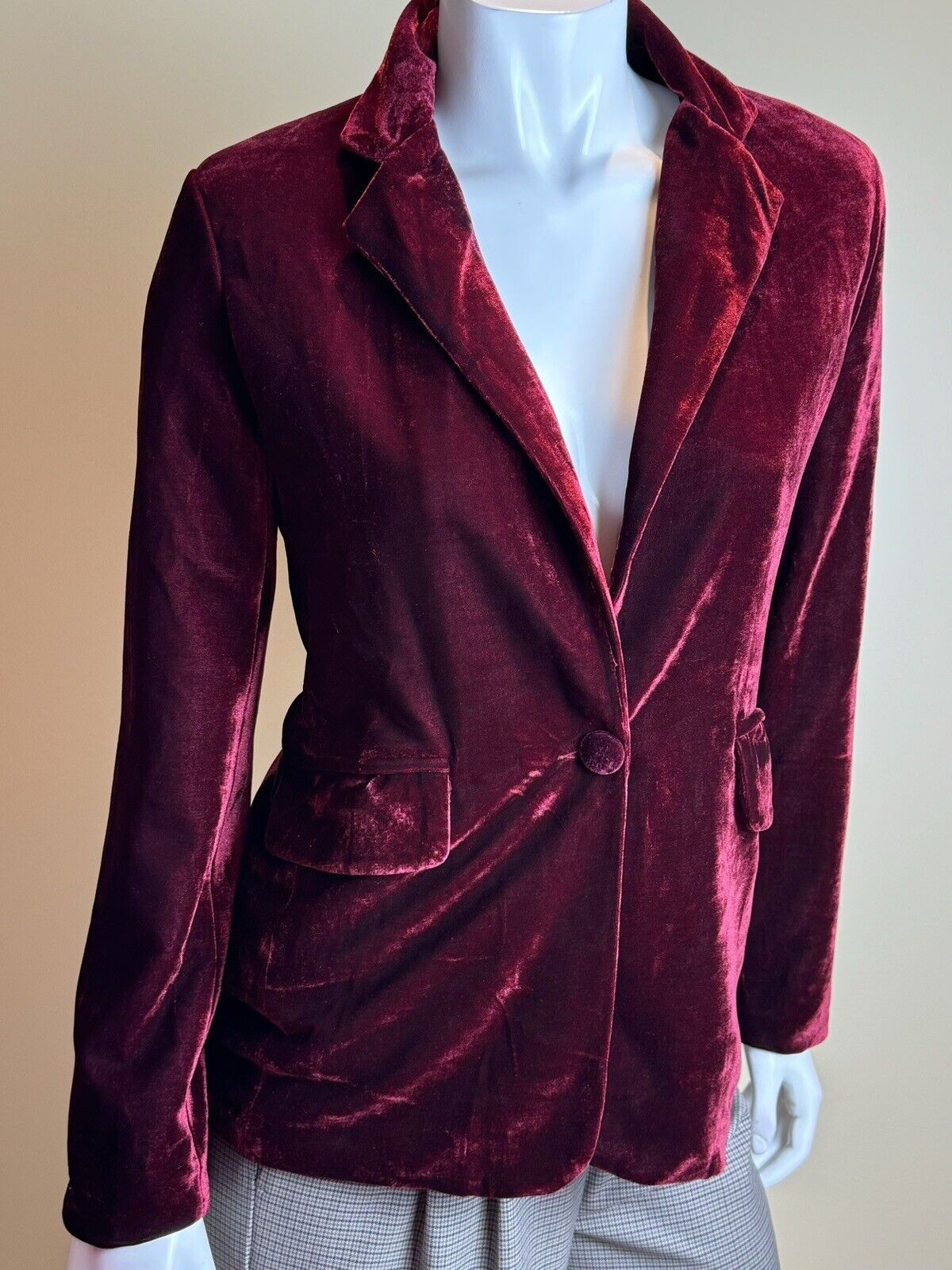 Women's Jacket Blazer Button Long Sleeve Velvet Velour Burgundy Sz S (75)