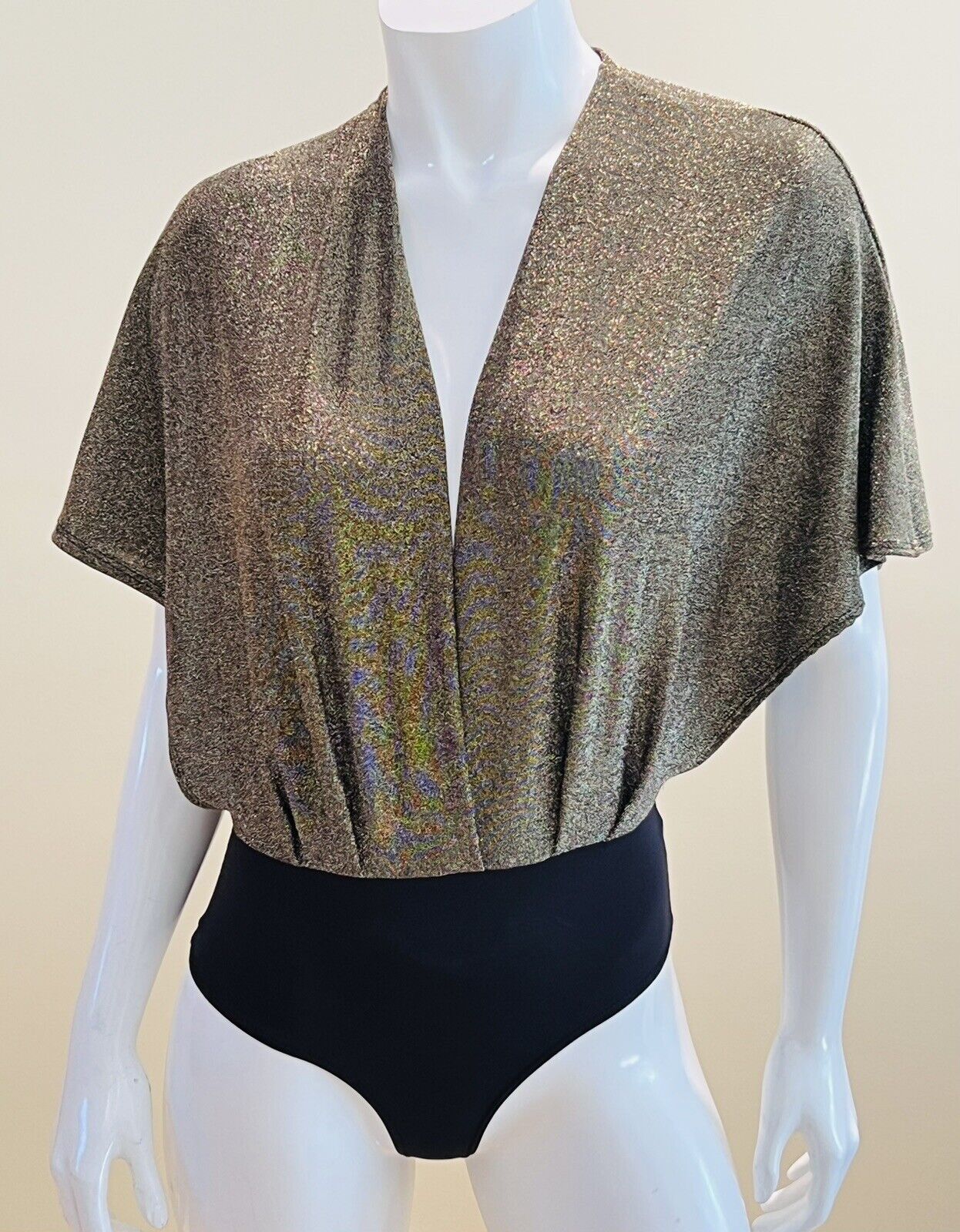 MADRAG SEMI SHEER BodySuit Top Blouse BLACK Gold Sz S