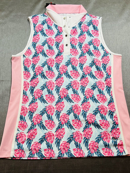 Lohla Woman’s Golf Shirt Sleeveless Multicolor Sz XL Pink Palm Leave Print