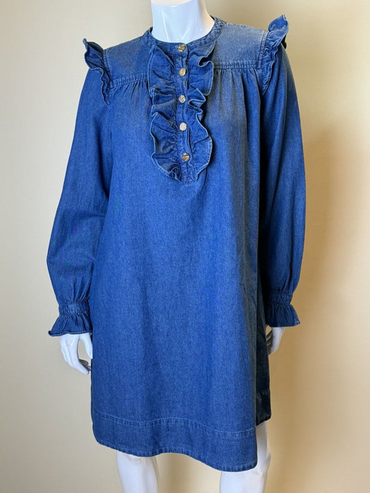 Draper James Rsvp Dress Denim Long Sleeve Button Ruffle Pockets Sz S  (56)