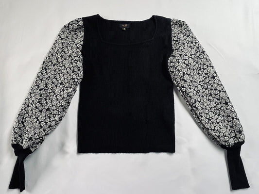 On Twelfth Womens Black Floral Long Sleeve Knit Top Blouse Shirt Sz S