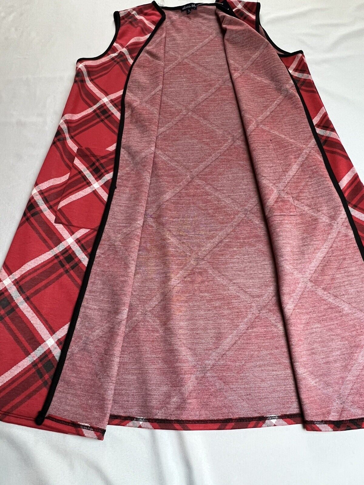 Olivia Blu Long Plaid Open Front Red Vest Sz XL