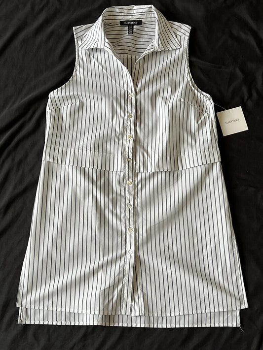 Ellen Tracy Women's Striped Sleeveless White Long Shirt Sz M