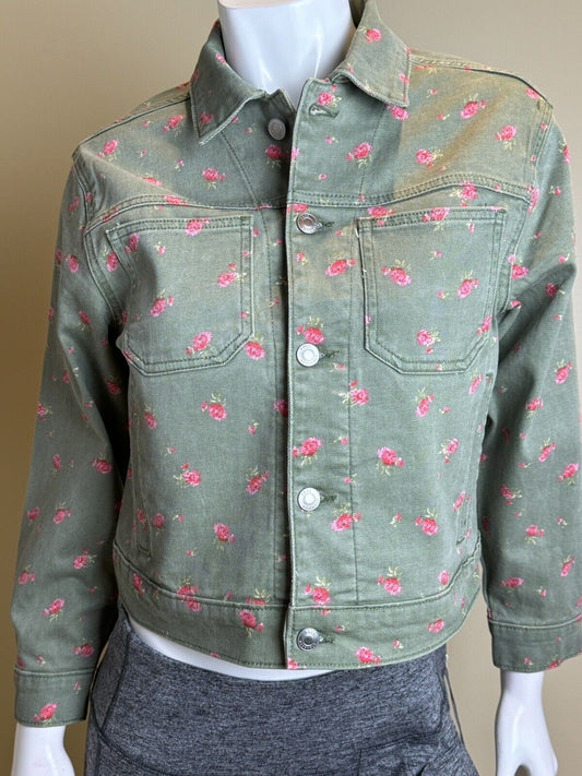 Free Assembly Women's Green with Pink Floral Jean Jacket Sz S.   (61)