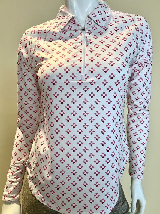 JoFit Women’s Long Sleeve Collared Pullover White Pink Hearts Size XS (10)