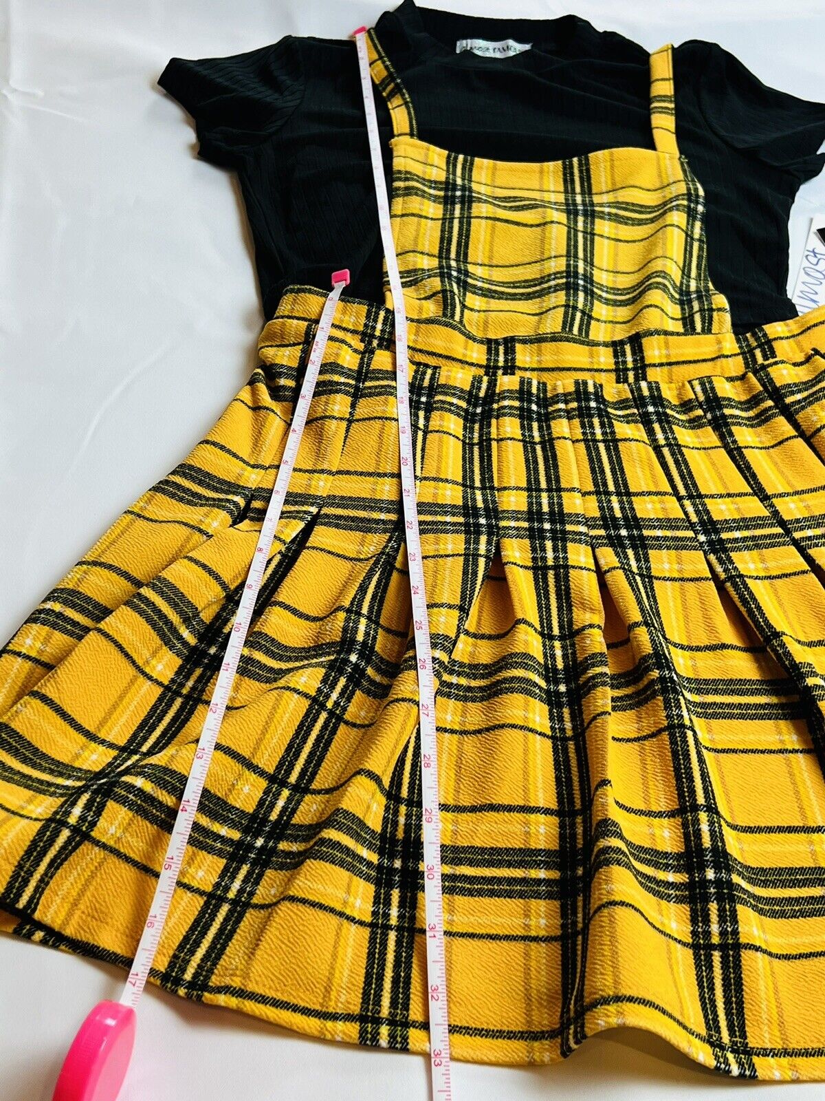 Almost famous Yellow Plaid 2 Pc Dress Black Top Set Size XL