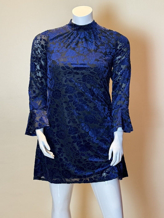 London Times Women's Blue&Black Long Sleeve Mock Neck Trapeze Dress Sz 8.  (67)