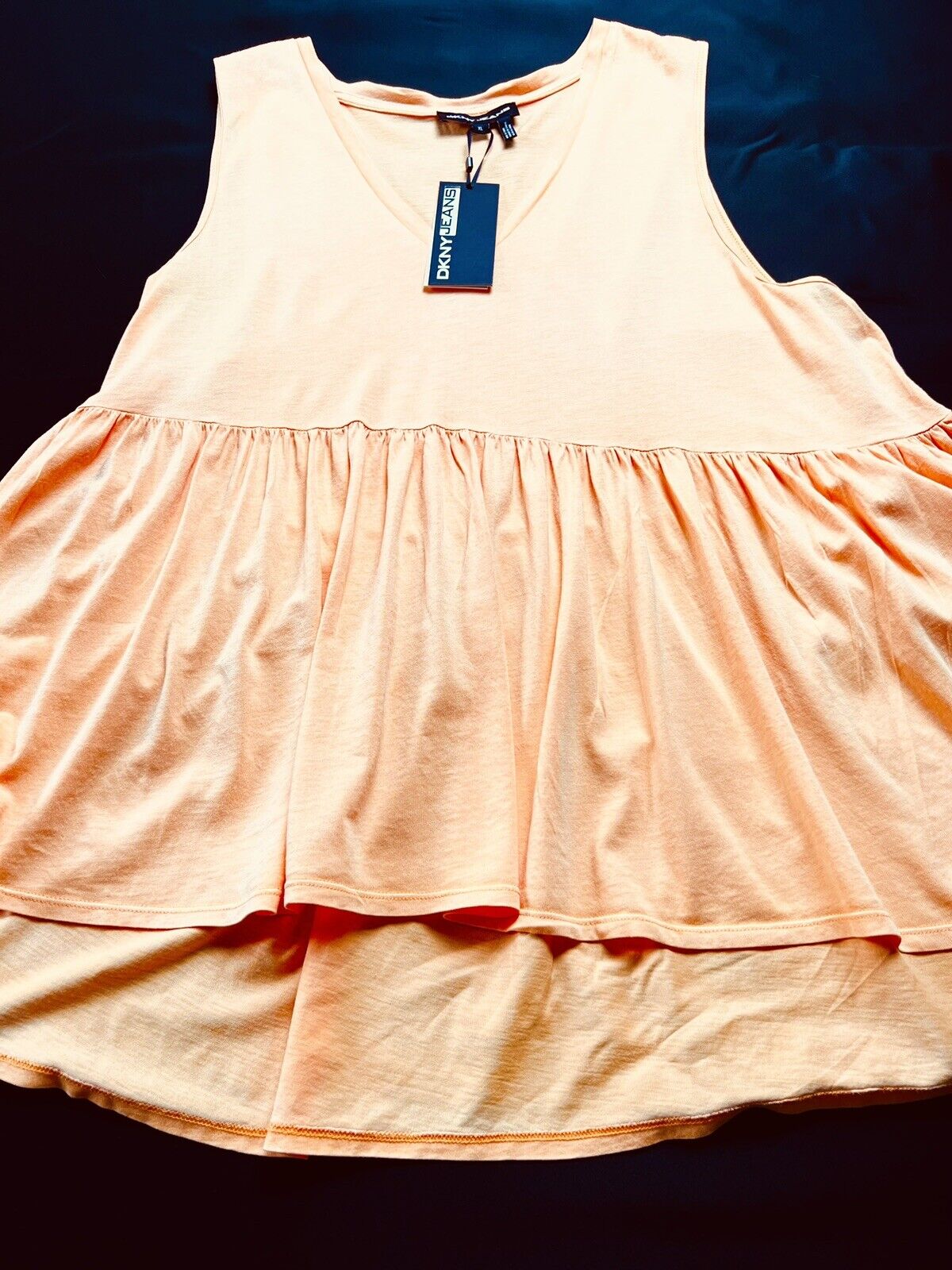 DKNY Womens Blouse Orange Sleeveless V Neck Ruffles Top Sz XL