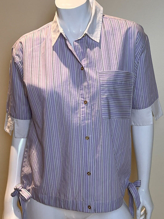 Anne Klein Womens size M top striped Marleigh tie hem shirt blouse