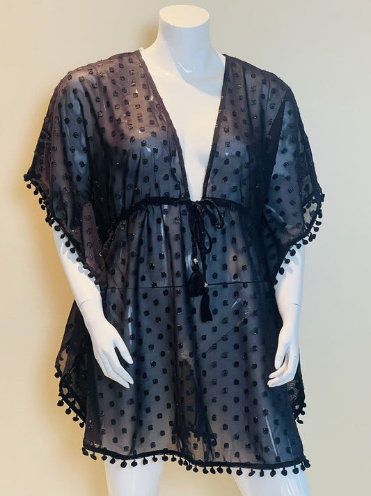 Club Z Collection Sheer BEACH COVER UP - 1X Black w/Pom Poms Cinch Waist (8)