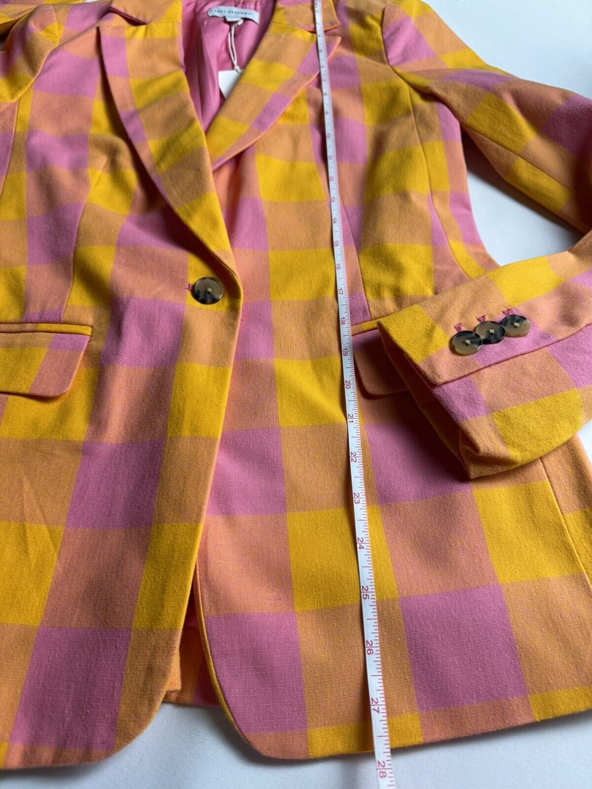 Free Assembly Women's Yellow with Pink Plaid Blazer Jacket Sz S   (61)