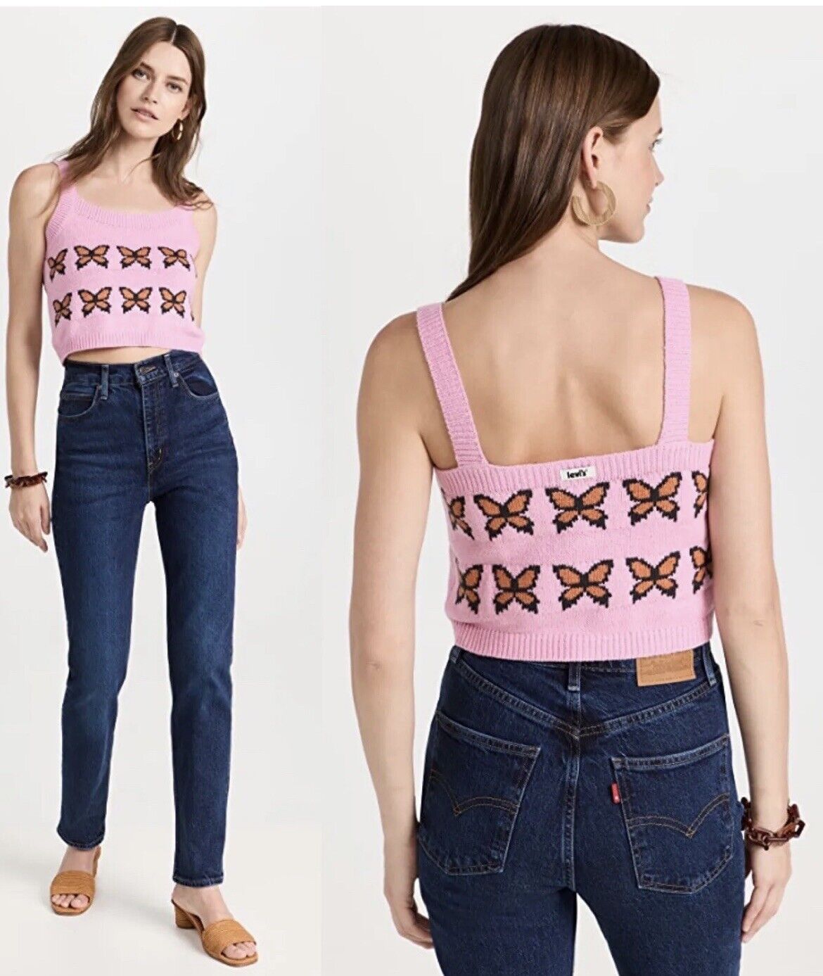 Levi’s Pink Butterflies Knit Crop Sweater Tank Womens Sz L