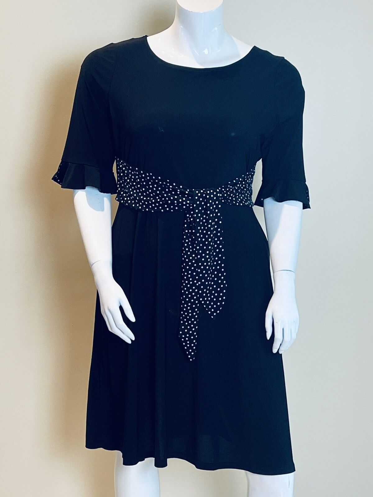 Chetta B  BLACK w/Polka Dots Tie Waist Dress Sz XL (9)