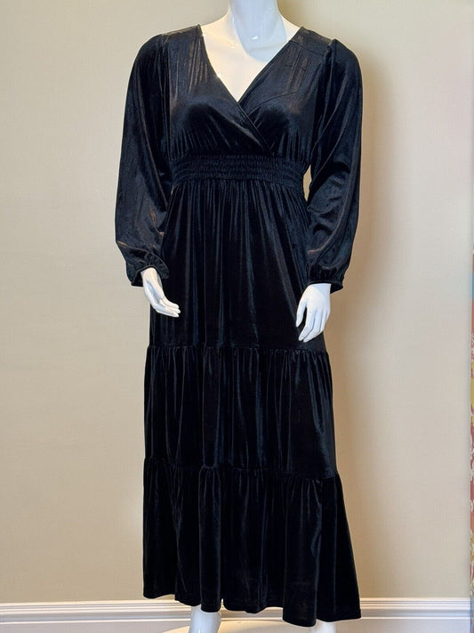 Knox Rose Black Velour Long Sleeve V-Neck Tiered Maxi Dress Sz XL. (64)