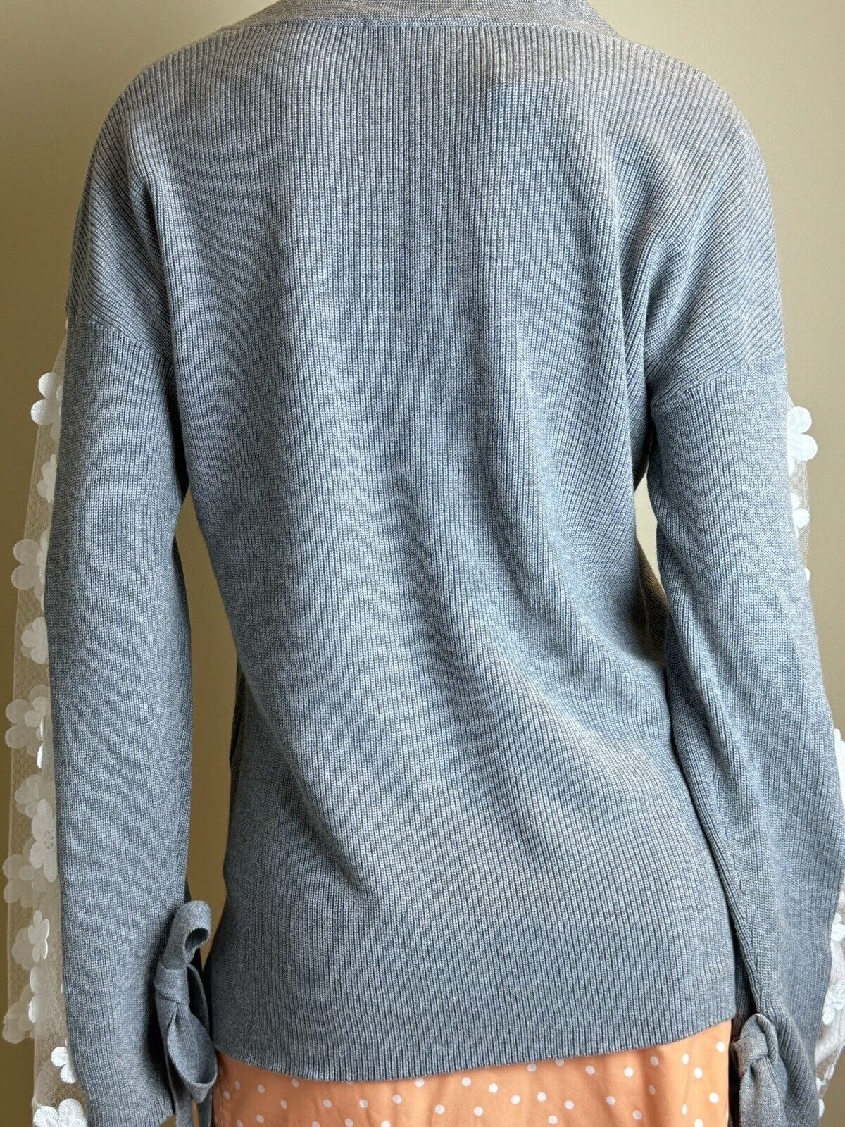 $118 French Connection Women's Gray Sheer Floral Sleeve Sweater Size S