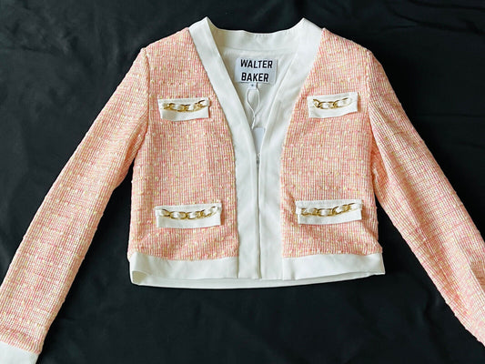 Walter Baker Women’s Pink Tweed Leather Trim Blazer Jacket Size S $268 Retail