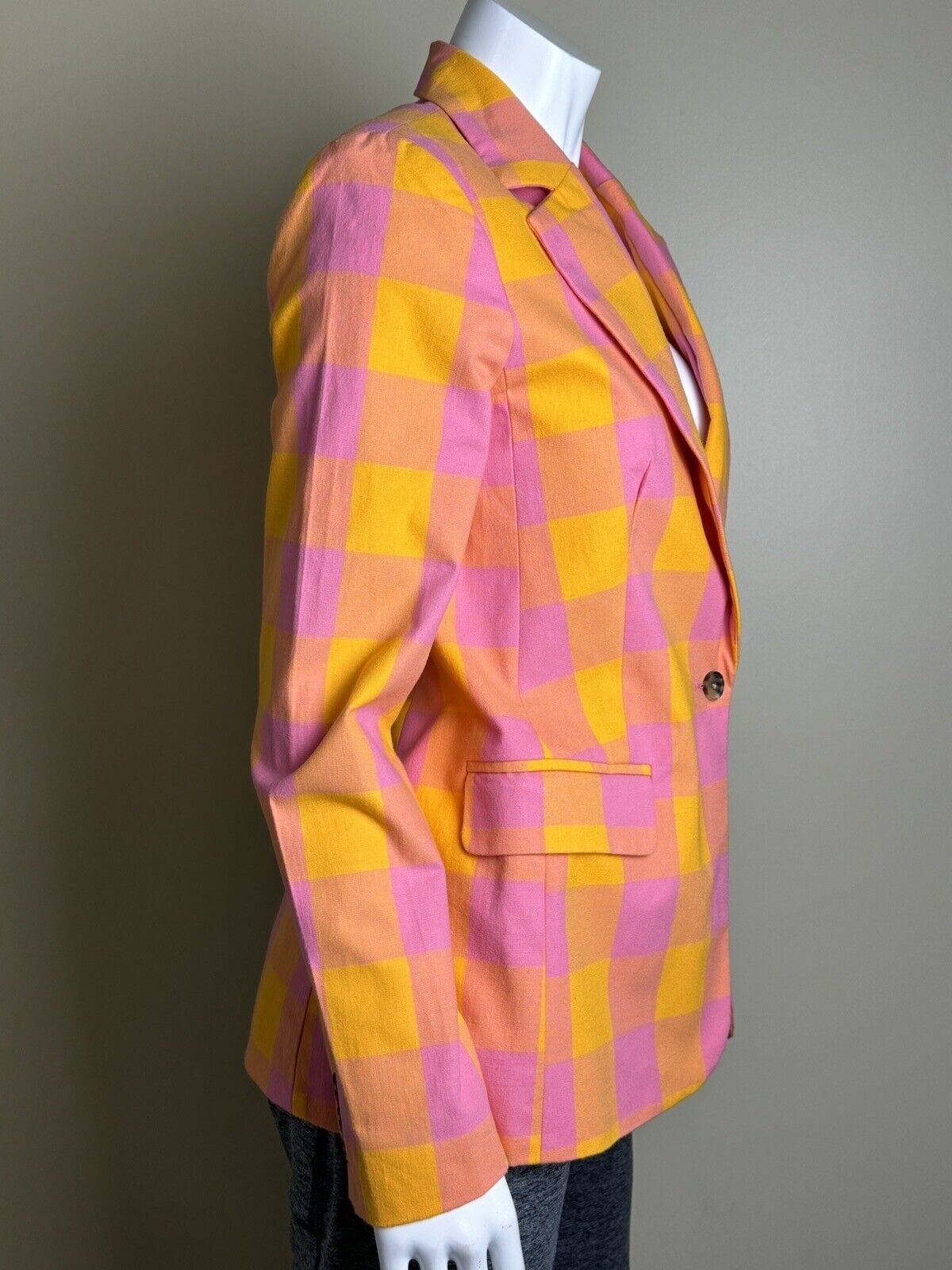 Free Assembly Women's Yellow with Pink Plaid Blazer Jacket Sz S   (61)