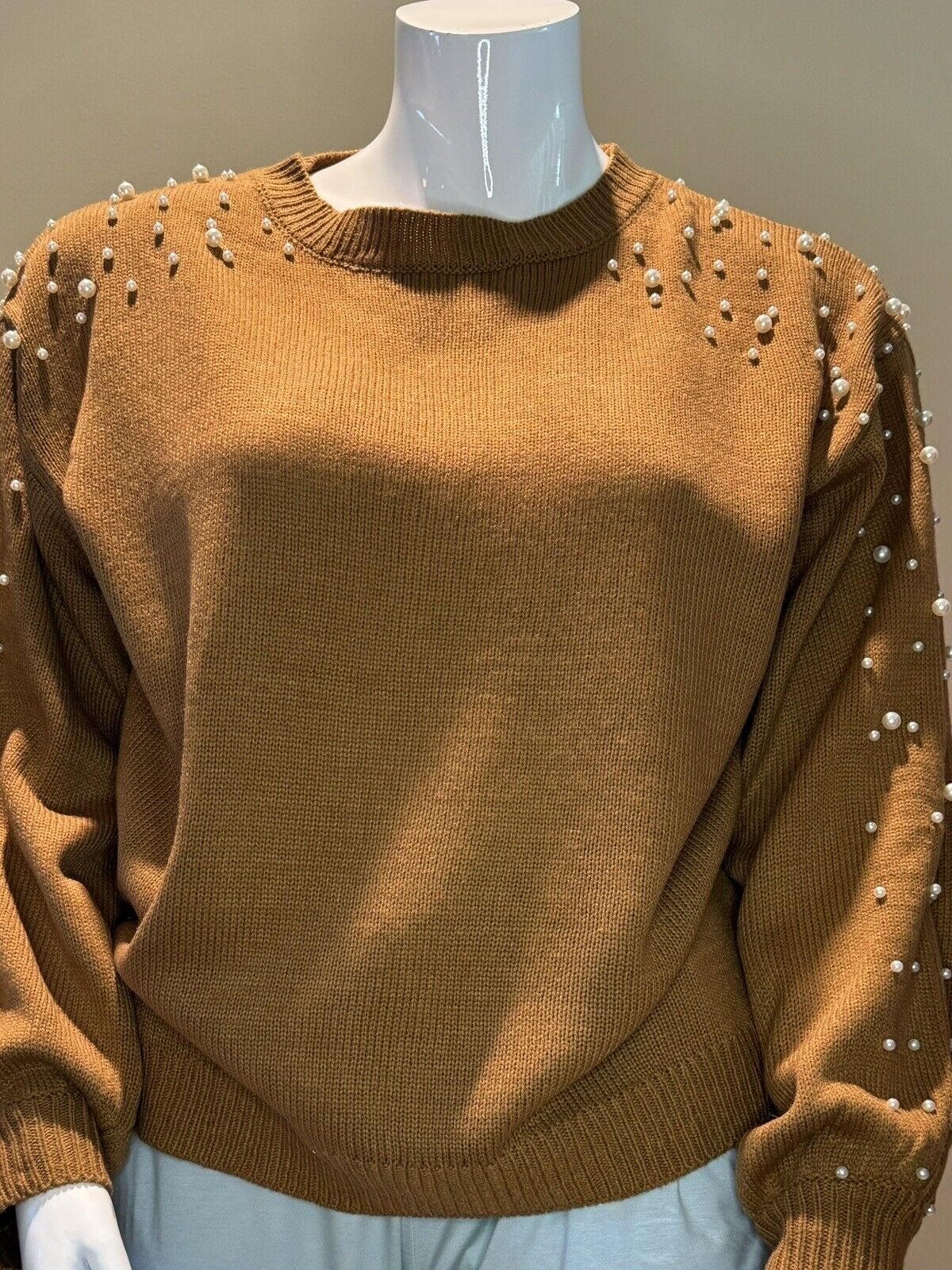 Blooming Jelly Womens Brown Pearl Beaded Long Sleeve Sweater Size L