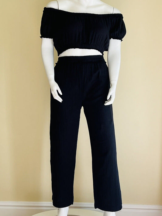 Salty Lemon Women’s 2Pc Set Gauze Crop Top Wide Leg Pants Sz XL Black (1)