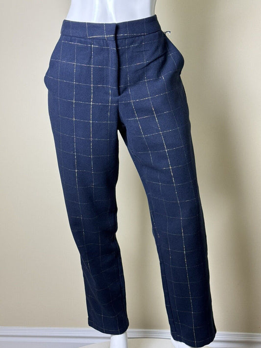 Draper James RSVP Navy/Gold Lined Plaid Knit Poly/Wool Dress Pants Size 12  (54)